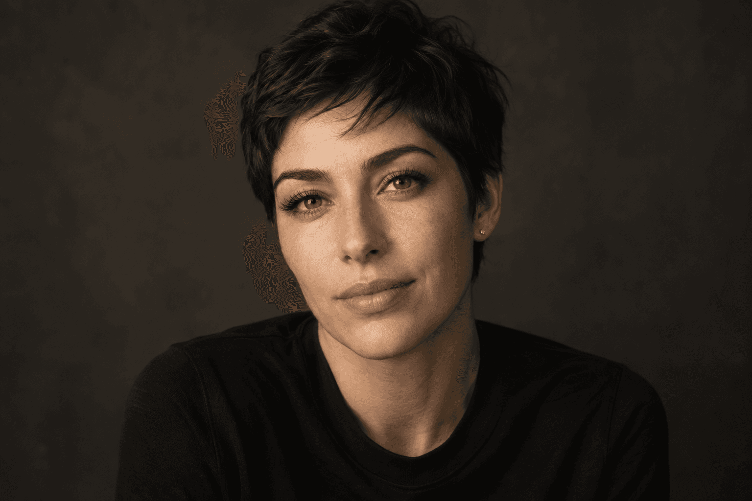 An editorial portrait of a short-haired adult in soft, warm light