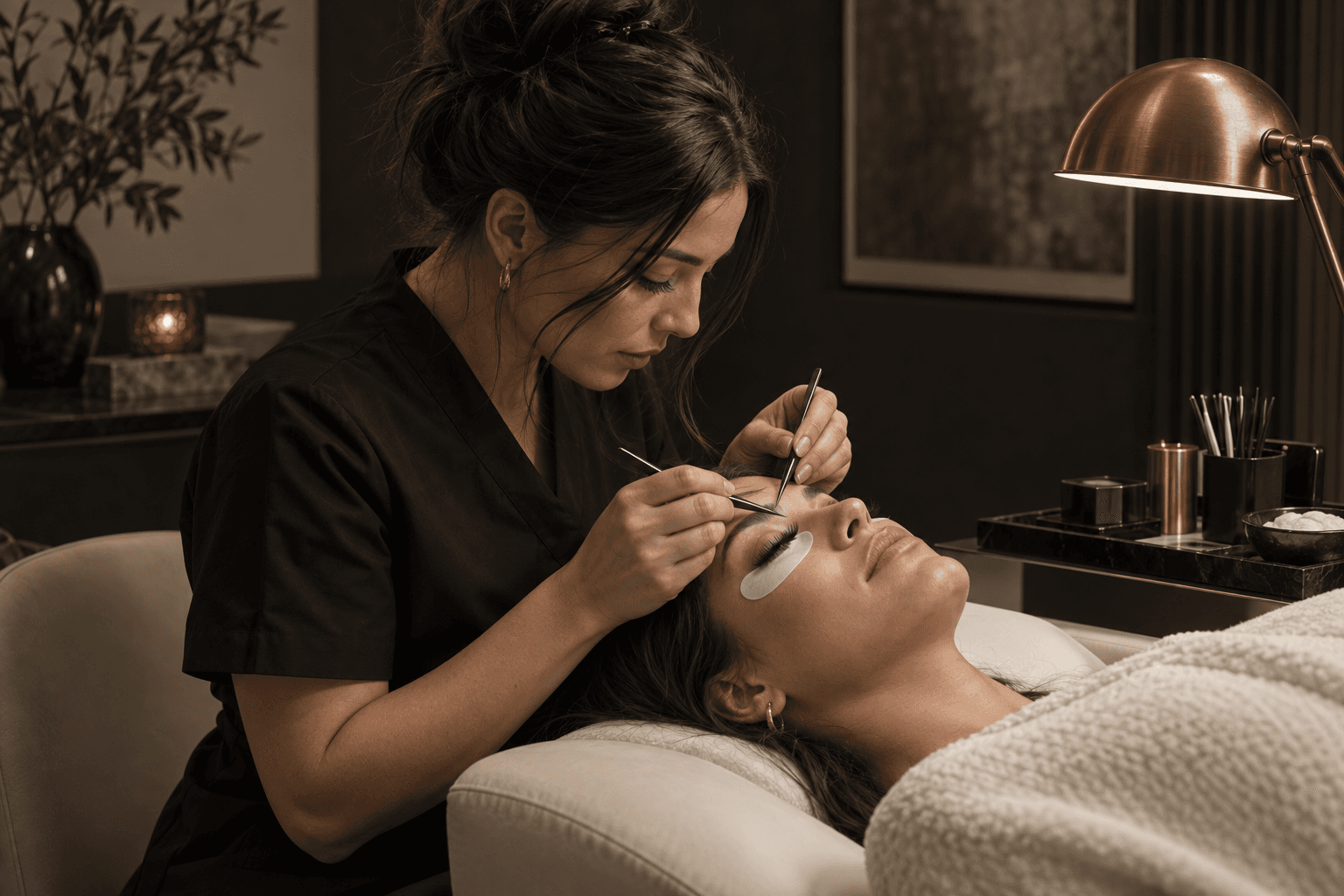 A lash artist carefully working beside a reclining client in a softly lit studio