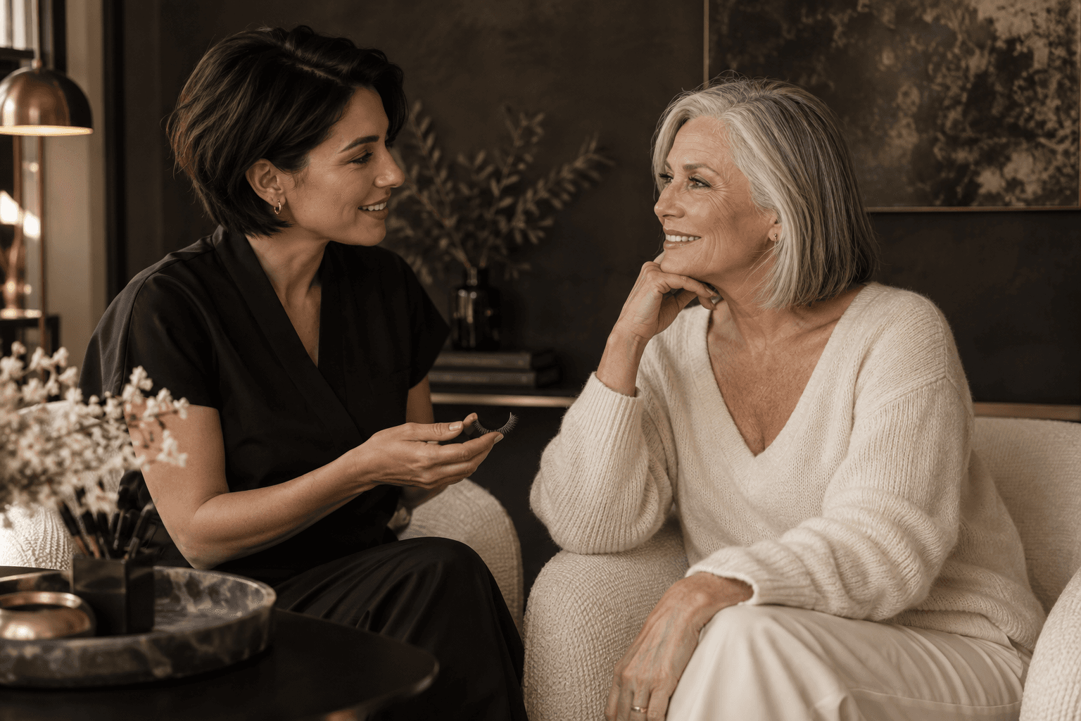 A lash artist and an older client having a relaxed conversation in a studio