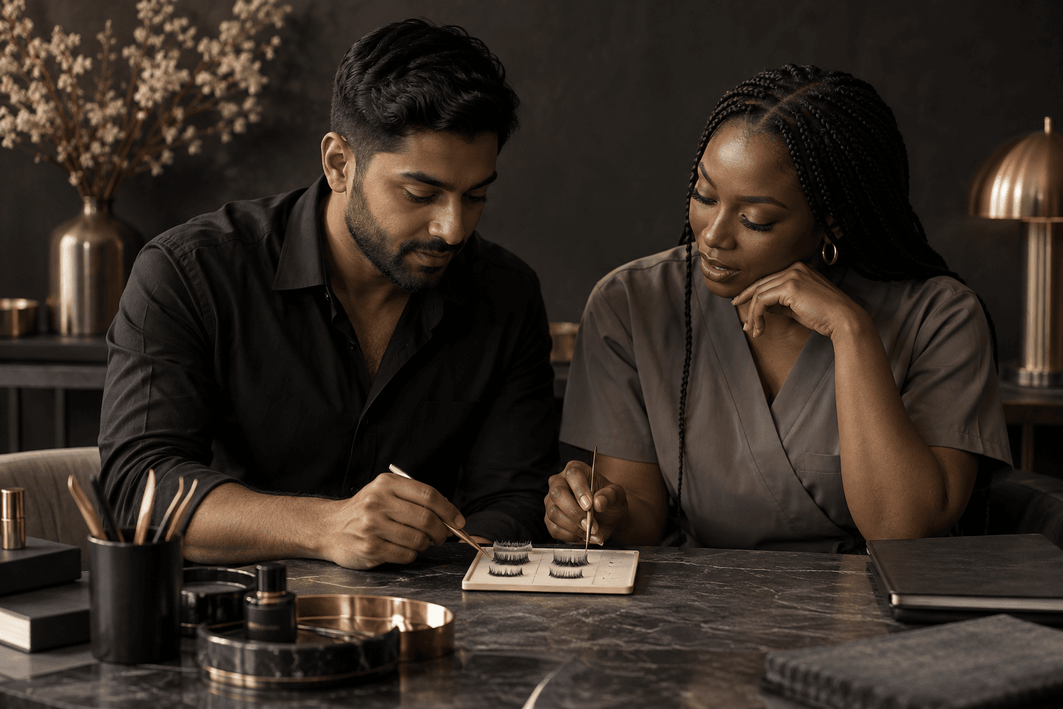 Two lash artists planning together at a studio table
