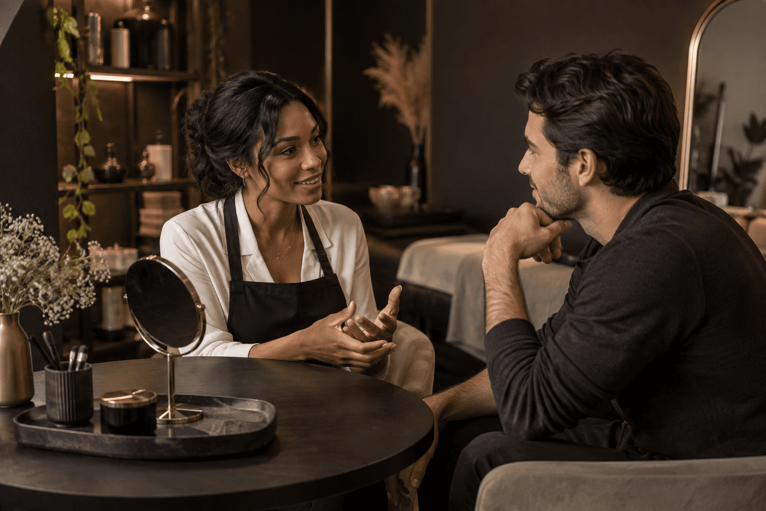 A lash artist and a client discussing a look together in a studio