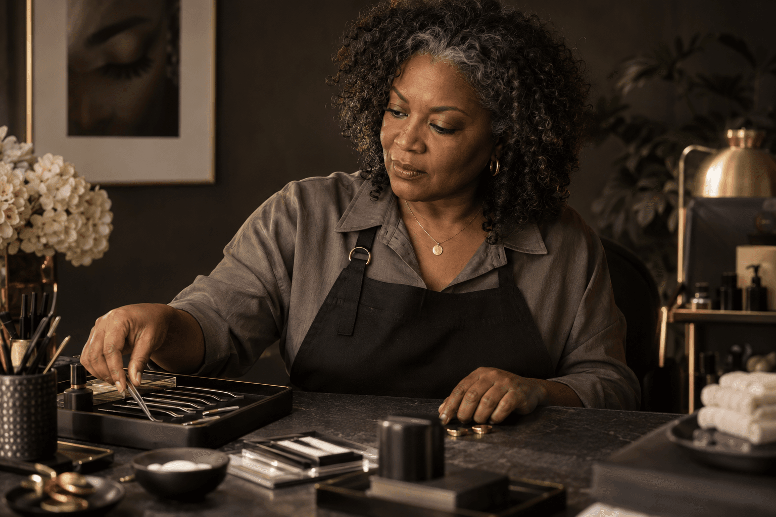 An editorial portrait of a lash artist in a softly lit studio