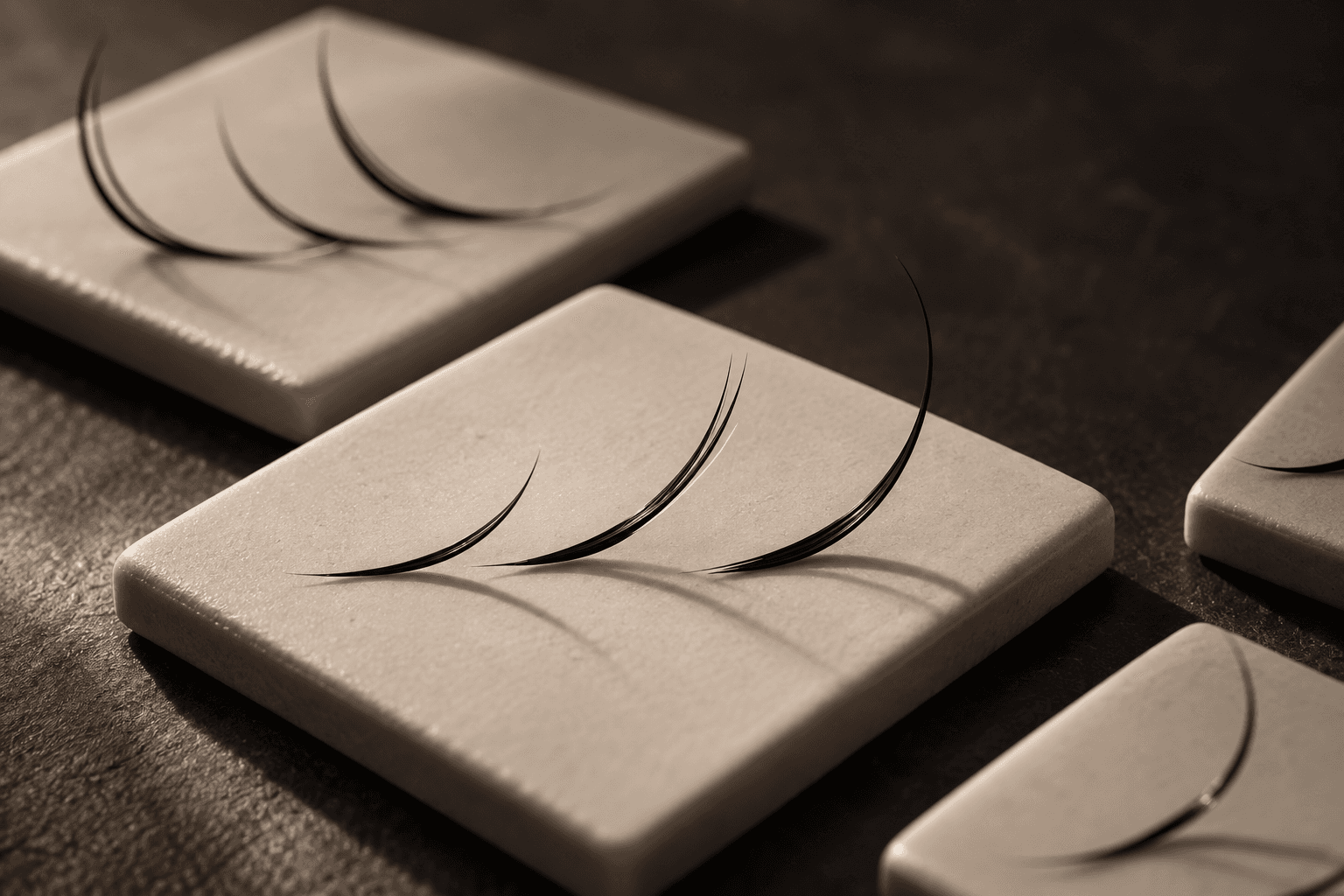 A close-up study of individual curved lash fibers on ivory ceramic