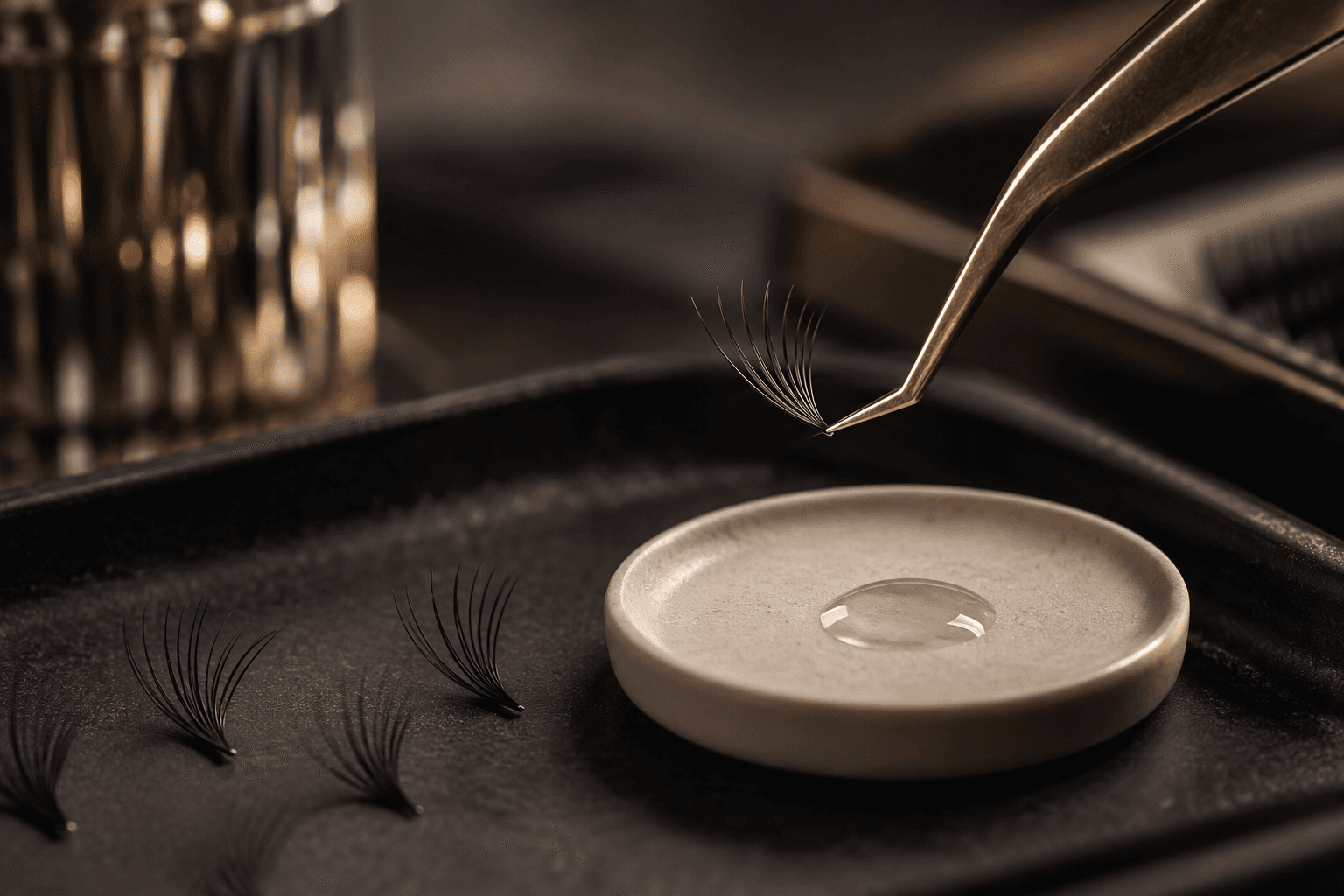A close-up of a precision tweezer holding a delicate lash fan