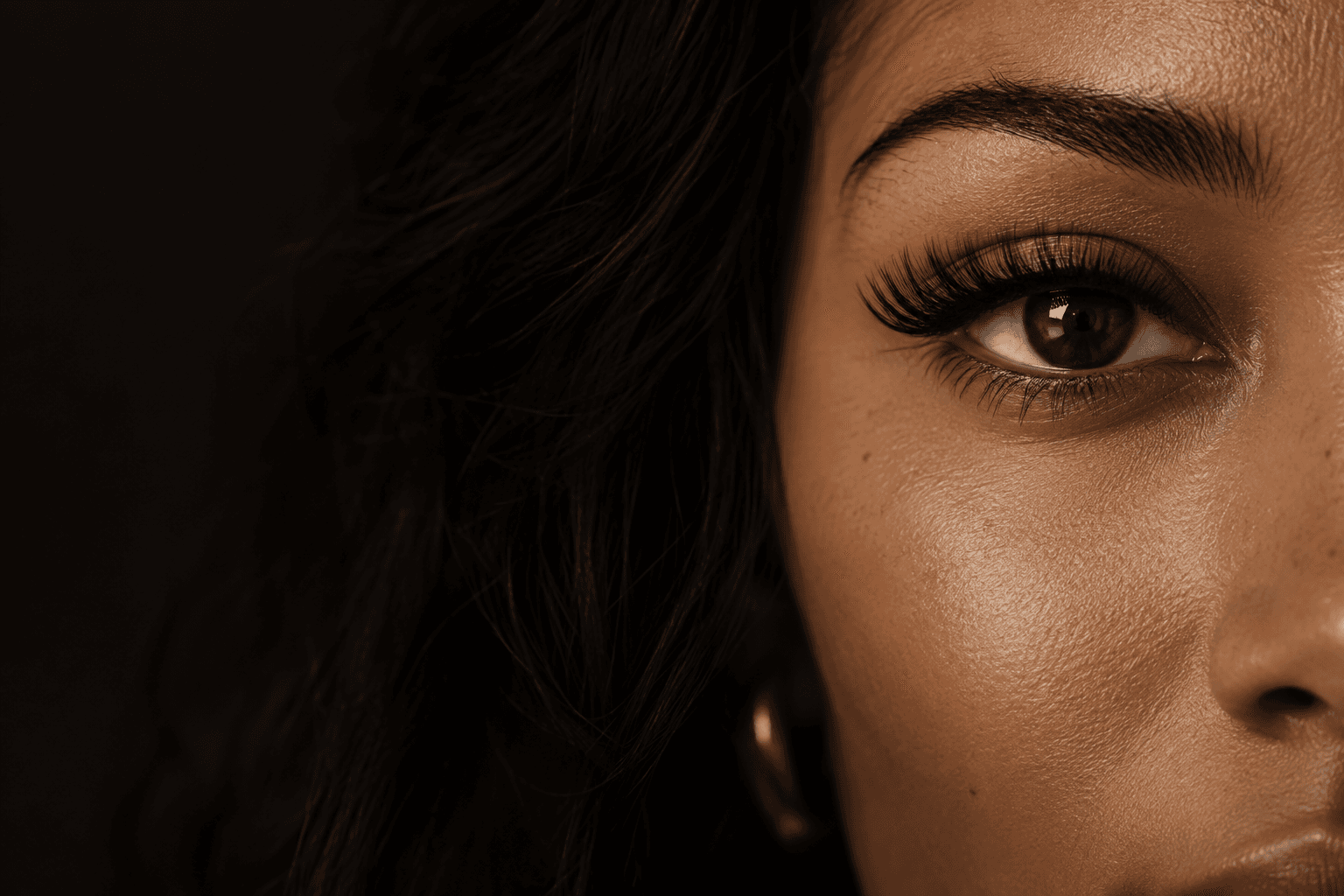 Editorial close-up of a brown eye with delicate wispy lash extensions