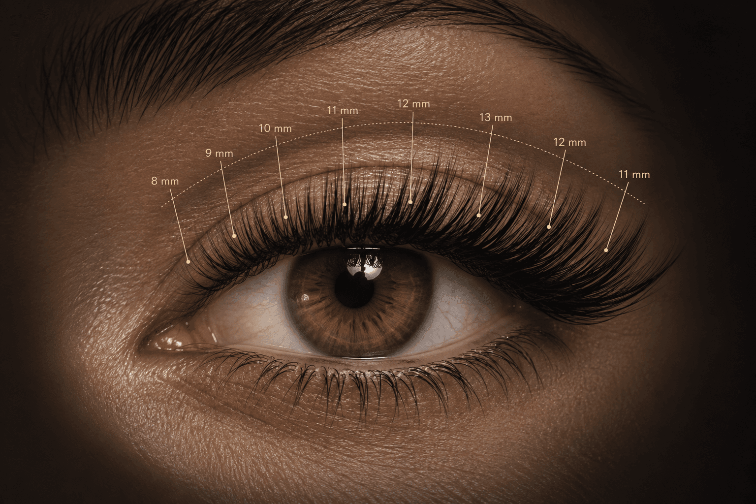 Illustrative wispy cat-eye lash map on a close-up photograph, with champagne guides marking 8, 9, 10, 11, 12, 13, 12, and 11 millimeters from inner to outer corner