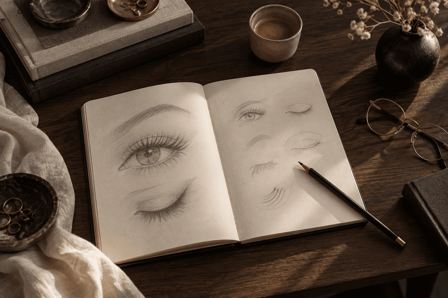 Beauty education books and an open sketchbook arranged on a study desk