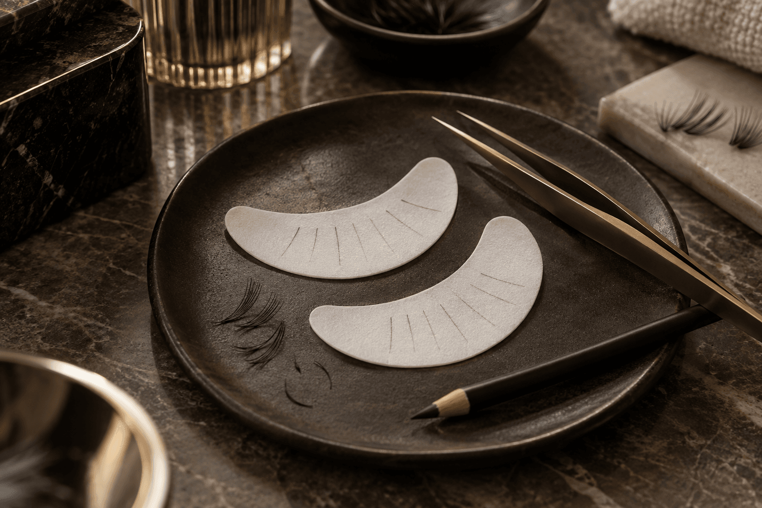 A practice lash map drawn on an under-eye pad at a lash artist's workbench