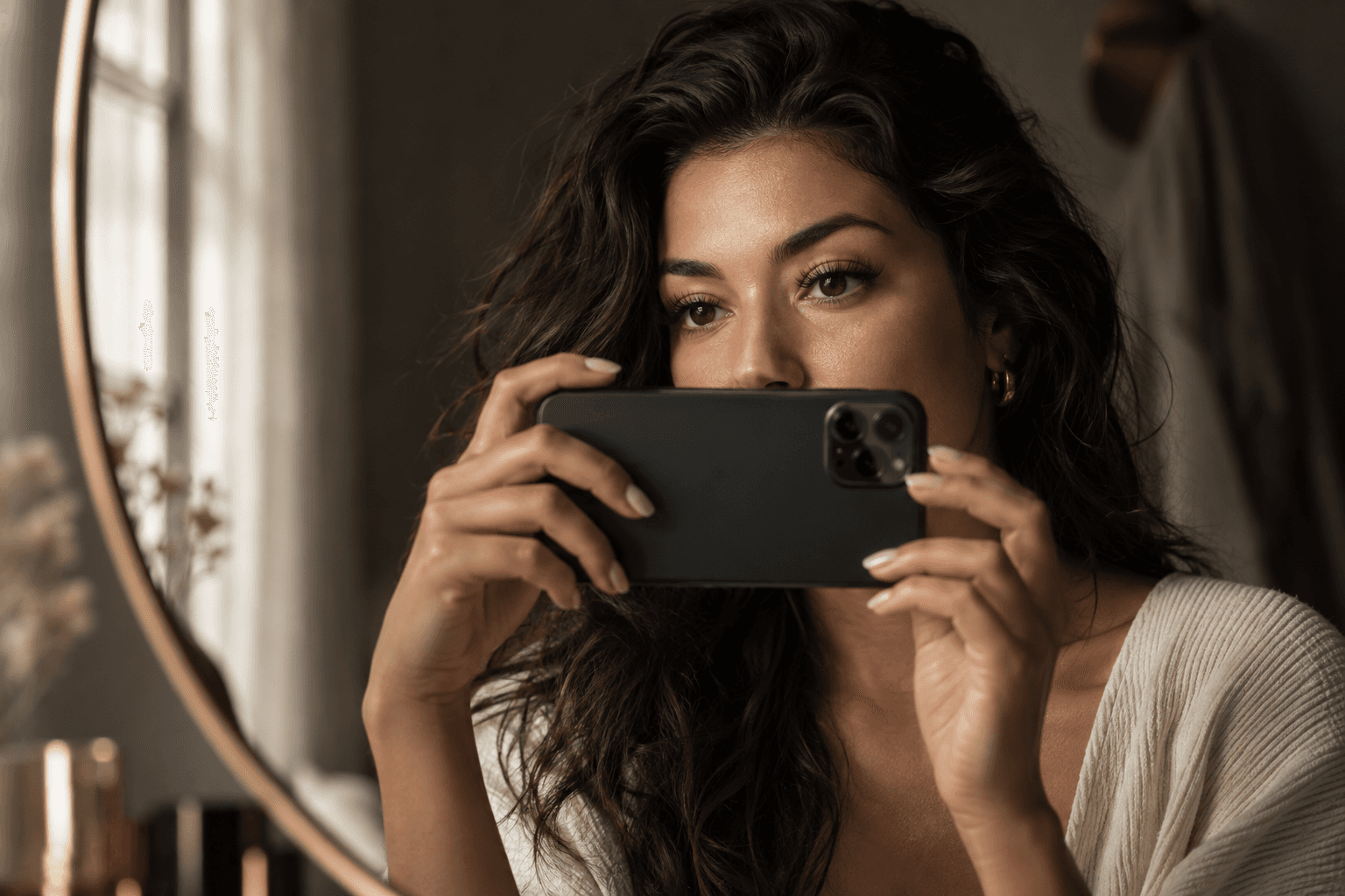 A client using a phone beside a mirror in soft natural light
