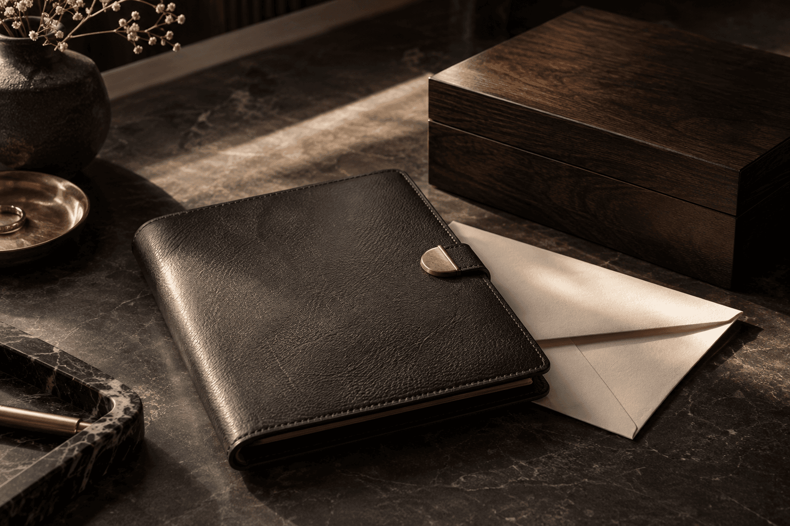 A closed folio and an archive box arranged on a quiet desk