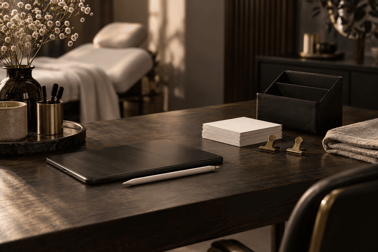A tablet, cards, and stationery arranged in an organized studio workspace