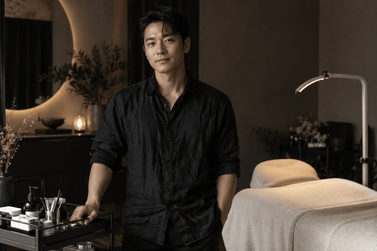 A male lash artist in an individual studio with a treatment bed and carefully arranged tools
