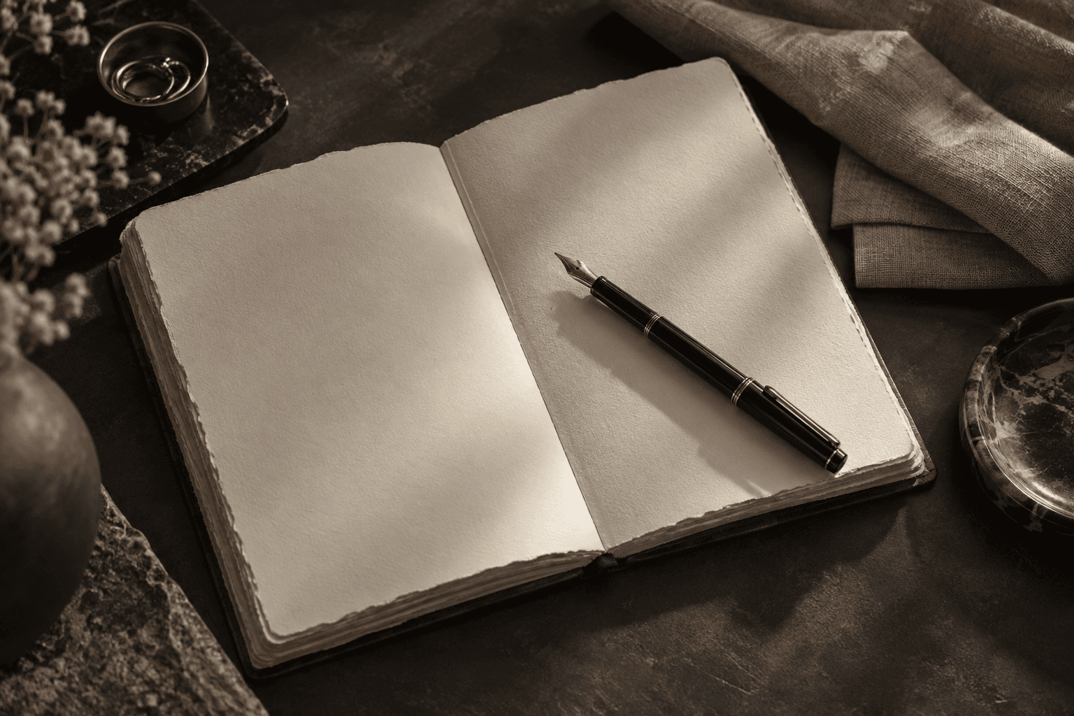A notebook and fountain pen arranged on a studio desk