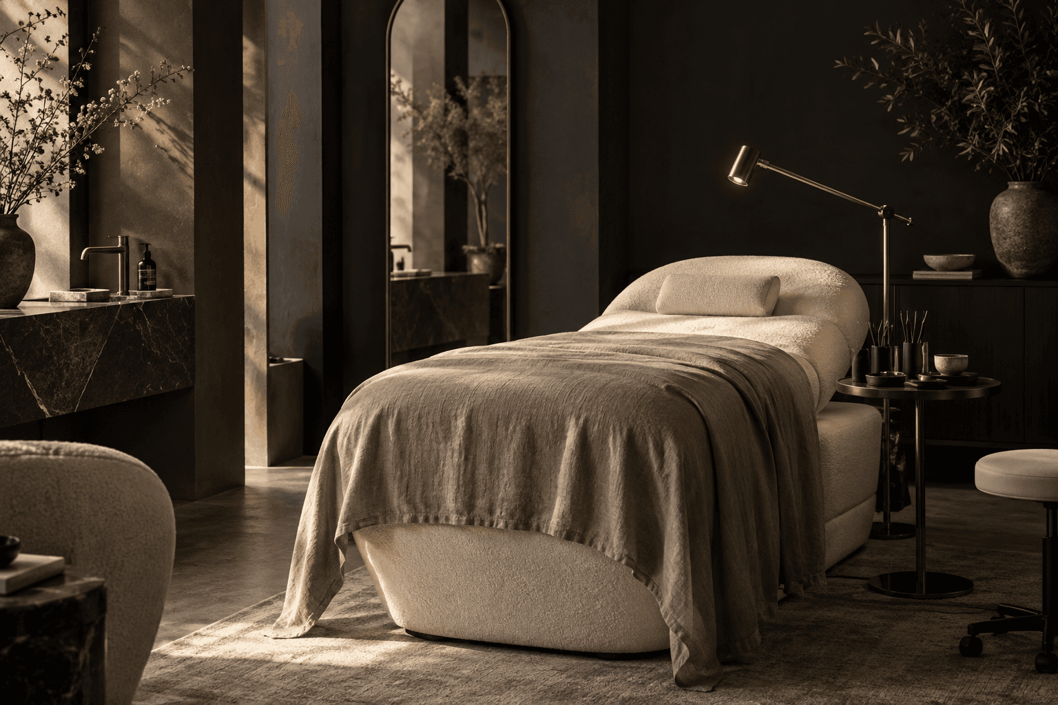 A quiet lash studio with a cream treatment bed, warm lighting, and charcoal walls