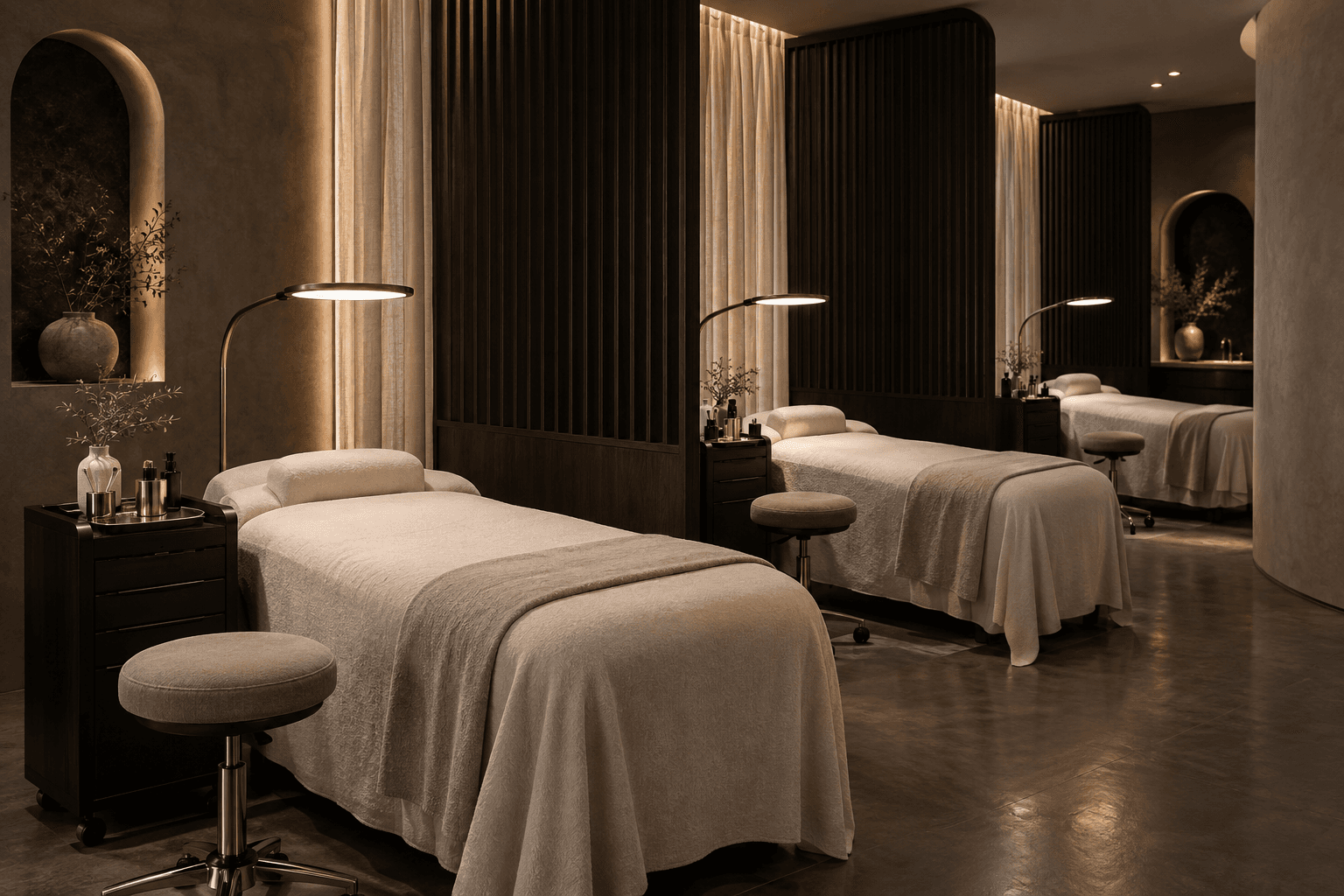 A lash studio with several treatment stations, cream upholstery, and warm lighting