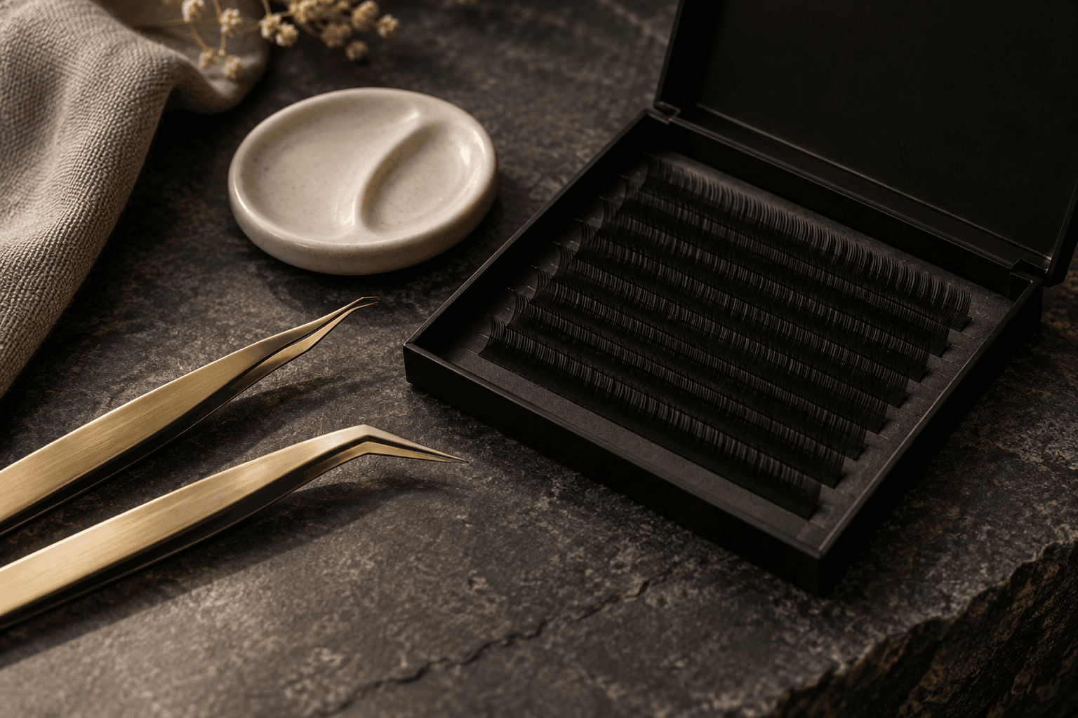 Fine lash tweezers and lash trays arranged on dark stone beside soft linen