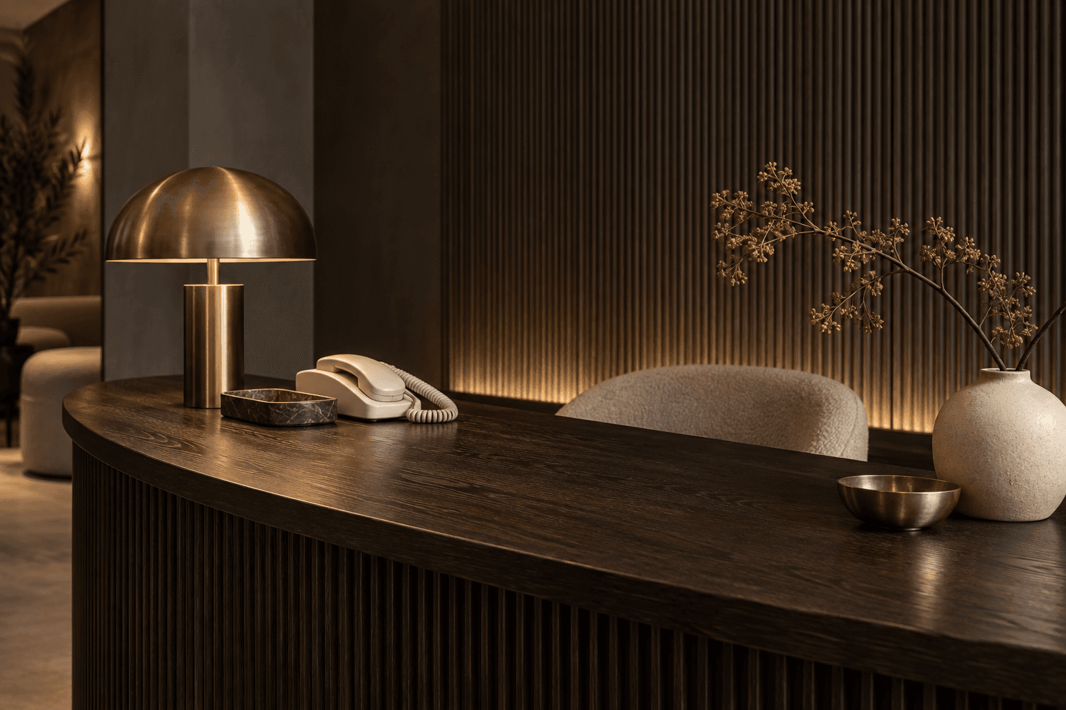 A sculptural reception counter with a lamp and telephone in warm light