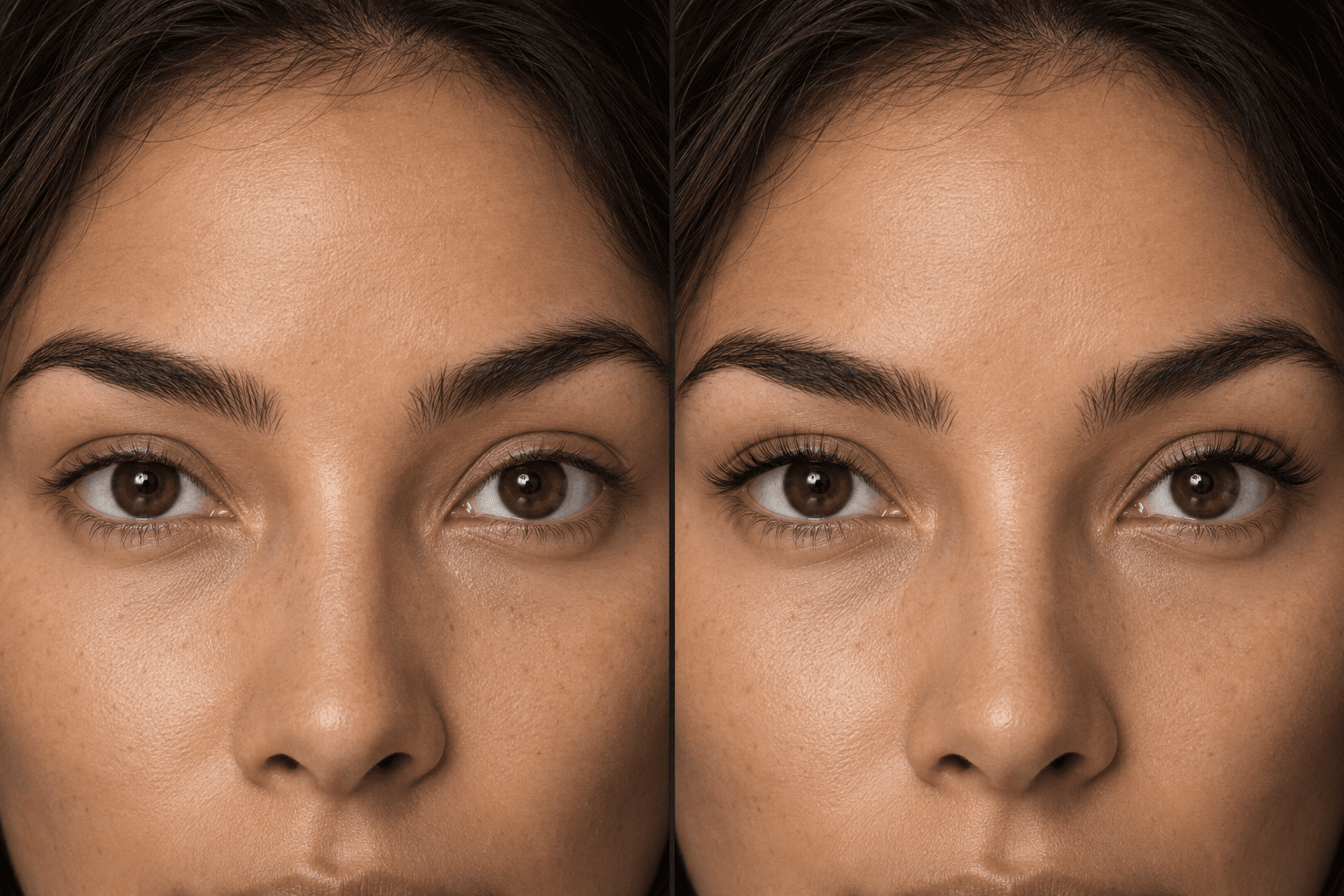 Client 01. Side-by-side eyes: bare natural lashes on the left, with softly lengthened, natural-style lash extensions on the right.